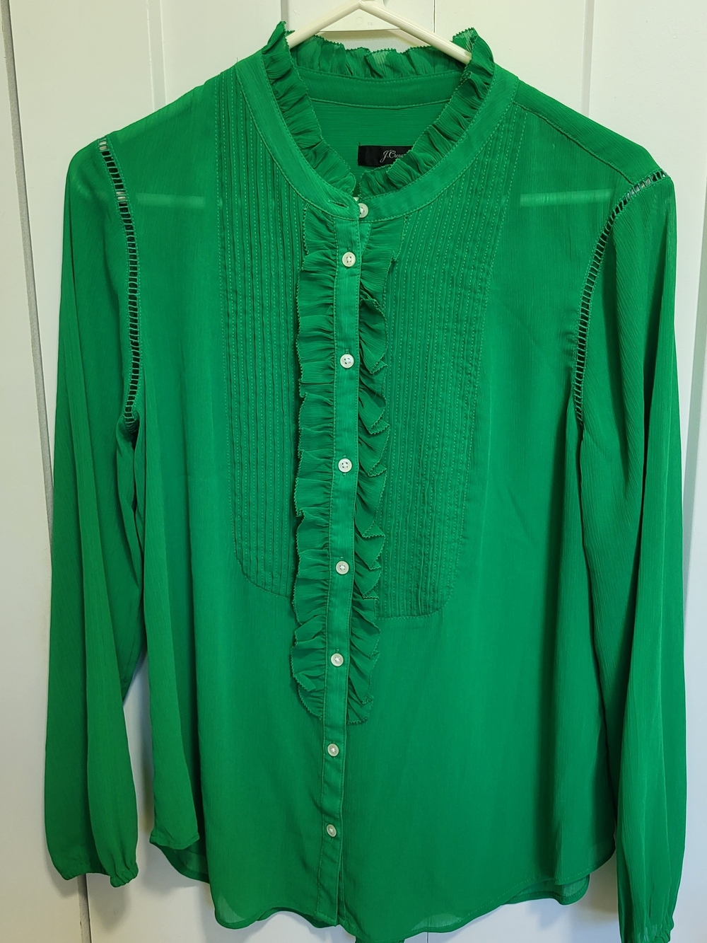 ​J.Crew Green Womens M Long Sleeve Ruffle Button Down Blouse Top Pleated - Picture 6 of 7